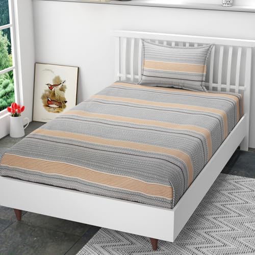 Image of 200 TC 100% Polycotton Printed Supersoft Bedsheet for Single Bed with 1 King Size Pillow Covers Soft /Breathable Wrinkel Free -60x90 Inches -White
