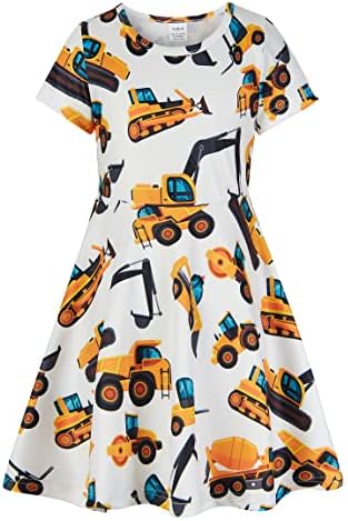 ALISISTER Toddler Cartoon Car Excavator Dress Girls Casual Sundress Kids Crew-Neck School Dance Twirl Dresses Birthday Party Outfits Cute Sprinkler Summer Home Playwear