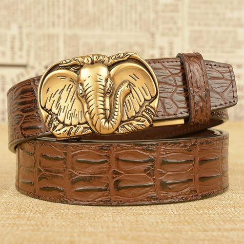 Mens Sliding Ratchet Click Crocodile Pattern Belt With Carved Gold Elephant Head Automatic Buckle Adjustable Waistband 5