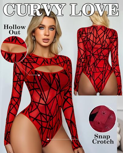 Image of GirlFriend Mesh Bodysuit for Women Long Sleeve Body Suit Sexy Tops Cut Out Leotard See Through Shirts Sheer Rave Outfits