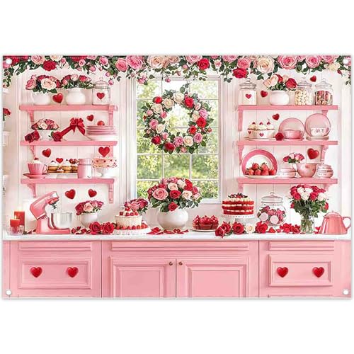 YCUCUEI 7x5ft Fabric Valentines Day Pink Kitchen Backdrop