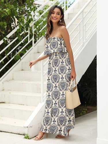 Image of ZMPSIISA Women's Summer Off The Shoulder Maxi Dress Ruffle Strapless Blue White Porcelain Boho Casual Loose Long Dresses