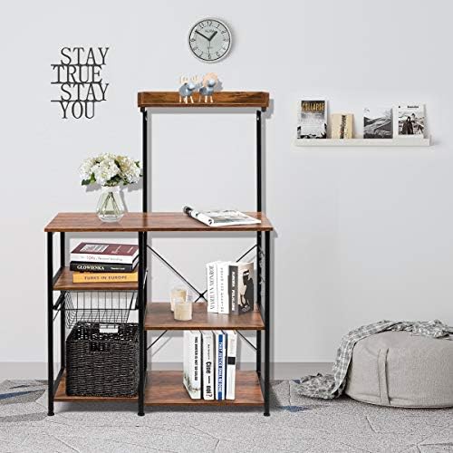 TANGZON Kitchen Baker's Rack, Industrial Microwave Stand with Top Shelf, Wire Basket and Hooks, Rustic Standing Storage Rack for Spices, Pots and Plates