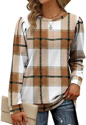 Geifa Sweaters for Women Trendy Color Block Plaid Tops Aesthetic Clothes Brown S