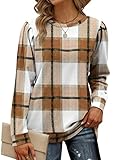 Geifa Sweaters for Women Trendy Color Block Plaid Tops Aesthetic Clothes Brown S