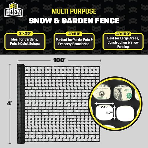 BOEN 4' x 100' Black Temporary Fencing, Mesh Snow Fence, Plastic, Safety Garden Netting, Above Ground Barrier, for Deer, Kids, Swimming Pool, Silt, Lawn, Rabbits, Poultry, Dogs