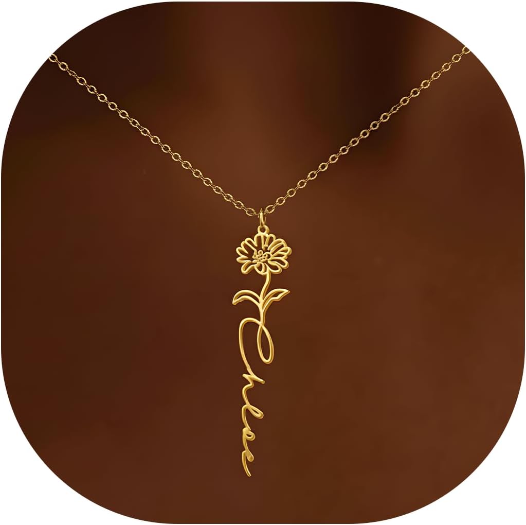 Elemtansy Collar con nombre personalizado con flor de nacimiento, collares de joyería personalizados para mujeres, collares con placa de nombre de oro de 18 quilates, regalos personalizados para el día de la madre, regalos de cumpleaños para mujeres, hermana, mejor amiga