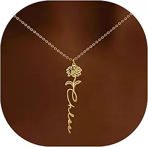 Elemtansy Custom Name Necklace with Birth Flower - 18K Gold-Plated Stainless Steel Personalized Jewelry for Women