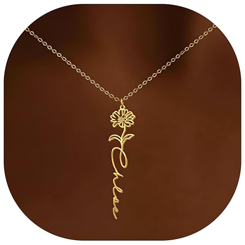 Elemtansy Custom Name Necklace with Birth Flower, Christmas Jewelry Gifts for Her, 18K Gold Name Plate Necklaces Personalized Birthday Gifts for Women Sister Best Friend - 1-Name with Birth flower