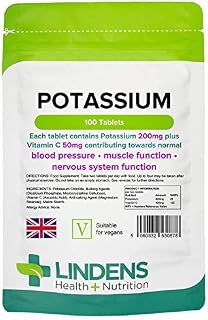 Lindens Potassium 200mg Tablets with 50mg Vitamin C - 100 Tablets - Contributes to Normal Blood Pressure, Muscle Function and Nervous System Function - UK Manufacturer, Letterbox Friendly