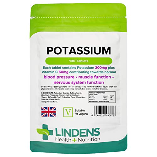 Lindens Potassium 200mg Tablets with 50mg Vitamin C - 100 Tablets - Contributes to Normal Blood Pressure, Muscle Function and Nervous System Function - UK Manufacturer, Letterbox Friendly