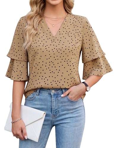 Blooming Jelly Womens Dressy Casual Blouse 3/4 Length Flutter Sleeve Polka Dot Tops Ladies V Neck Business Trendy Summer 2026 Work Shirt (Large, Khaki)