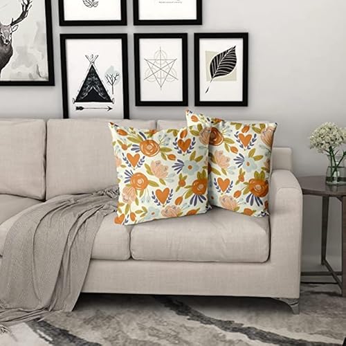 Flower Throw Pillow Covers 18X18 Inches Set Of 2, Watercolor Orange Floral Leaves Pillow Cushion Cases, Spring Summer Modern Farmhouse Decorative Square Pillowcases For Sofa Couch Bedroom Living Room #TOP6