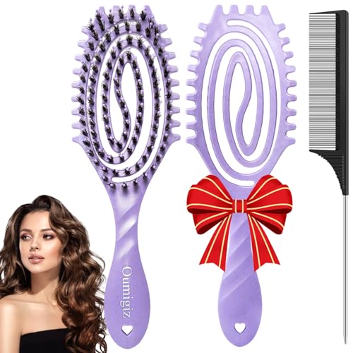 Curl Defining Brush, Boar Bristle Detangling Hair Brush for Women Girls Thick Curly Wavy Hair Wet Dry Use, Fast Blow Drying Vented Styling Hairbrush, Smoothing Hair No Tangle (Soft Purple)