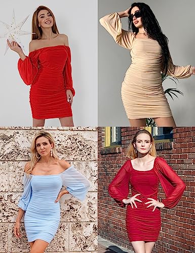 Image of MEROKEETY Women Square Neck Lantern Long Sleeve Mesh Ruched Bodycon Clubwear Mini Dress
