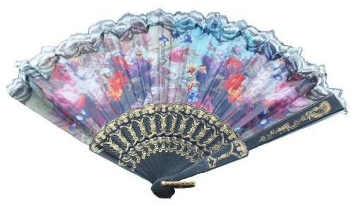 Qungotech windwaaier 42 cm handwaaier vouwwaaier van stof Flamenco dansen met versieringen design 4