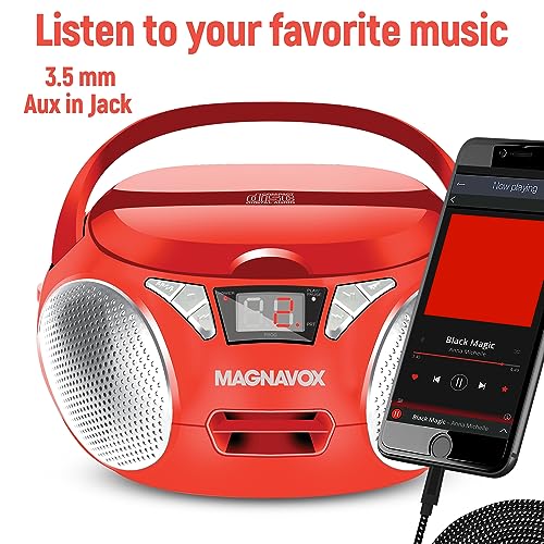 Magnavox Portable Top Loading CD Boombox with AM/FM Stereo Radio in Black | CD-R/CD-RW Compatible | LED Display | AUX Port Supported | Programmable CD Player | (Red) by Magnavox - Image 5