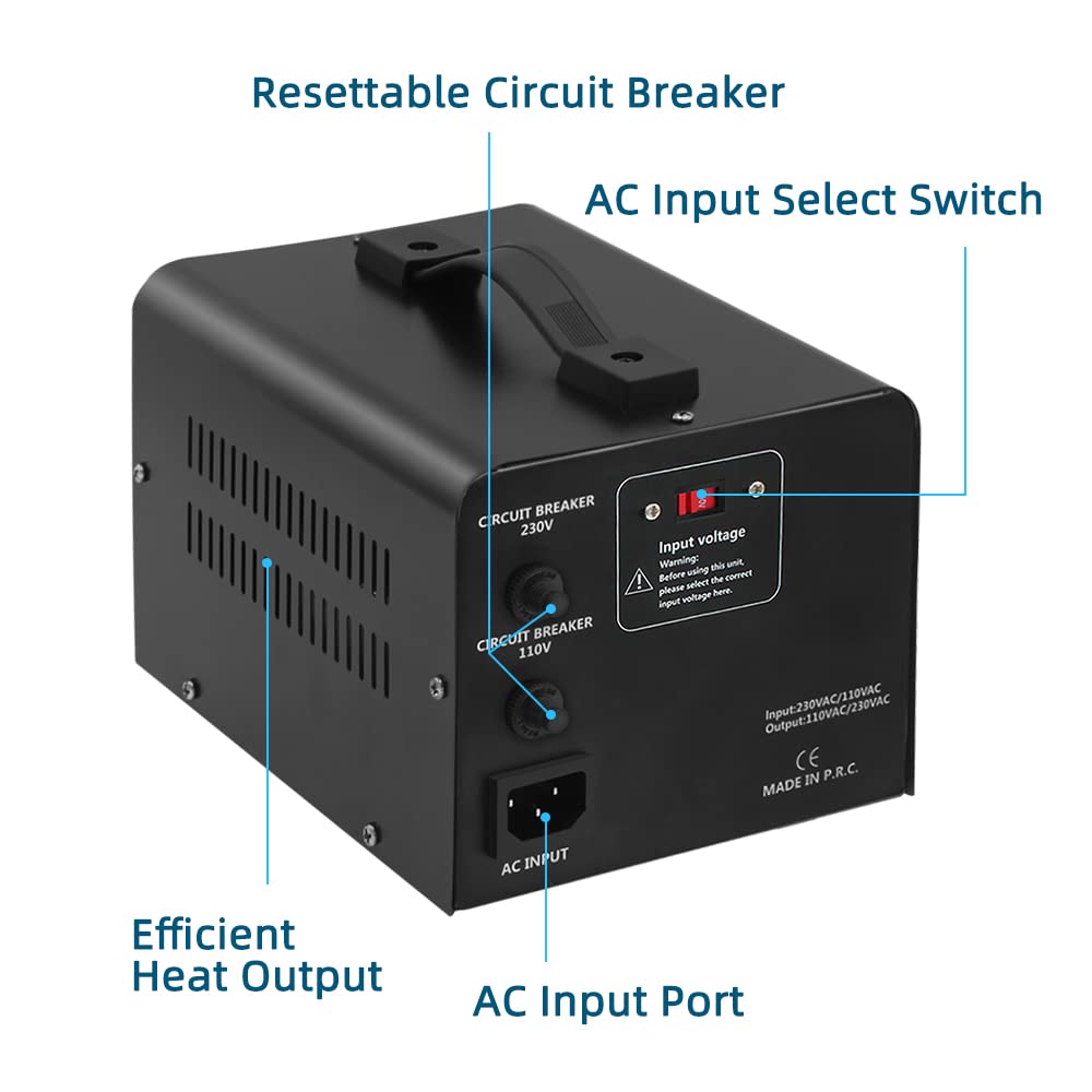 Rear panel of LVYUAN 2000VA Voltage Converter showing circuit breakers, AC input select switch, and AC input port