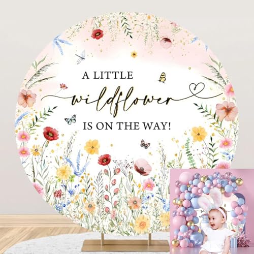 OERJU Wildflower Baby Shower Round Backdrop Cover A Little Wildflower is On The Way Photography Background Floral Theme Baby Girls Baby Shower Newborn Party Decoration Circle Arch Backdrop Cover 6.5ft