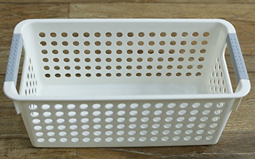Image of Basicwise Rectangular Plastic Storage Basket with Easy-Grip Handles Ventilated Organizer Bin for Bathroom Pantry Closet Laundry Kitchen Shelves Countertops and Home Organization Essentials, White
