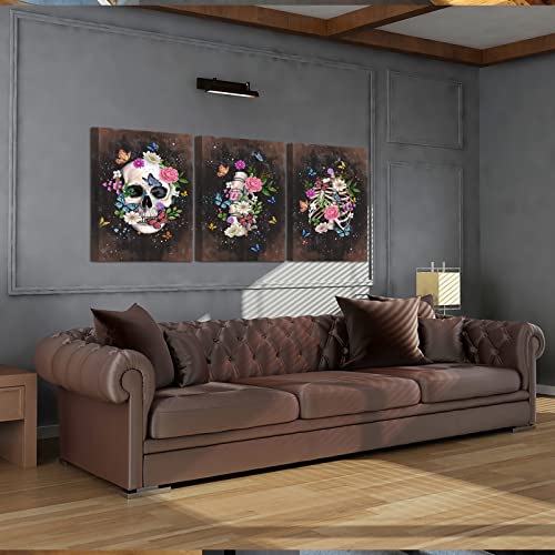 Fushvre Sugar Skull Wall Art Canvas Human Bone With Colorful Flowers And Butterflies Painting Brown Skeleton Canvas Decor For Bedroom Bathroom Halloween Mexican Day Of The Dead Ready To Hang #TOP4