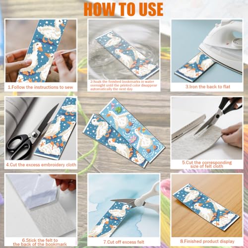 Image of FREEBLOSS 6 Set Cross Stitch Bookmark Kit 11CT Cartoon Duck Stamped Embroidery Bookmark Kit with Instructions 6 Back Felt Bookmarks Making Set for Adults Book Lovers, 8 inchx2.4 inch