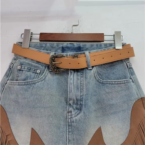 Hndudnff Women's with Pocket Denim Mini Skirt Spliced Contrast Color Irregular Tassel A-Line Skirt3