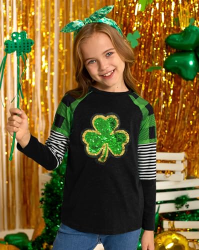 Image of BesserBay Girls St Patrick's Day Raglan Shirt Irish Sequin Lucky Stripe Shamrock Graphic Top 4-14 Years