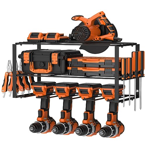 Power Tool Organizer Storage Rack Drill Charging Station for 4 Power Drill Tools Wall Mount Drill Holder Garage Power Tool Storage Organiser Heavy Duty Utility Metal Tool Shelf for Garage, Workshop