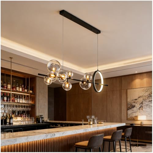 DVTFRUI Lampada Moderna A LED, Lampadario A Sospensione con Sfera di Vetro per Tavolo da Pranzo, Paralume A Bolle Regolabile, Lampadina G9, Nero,120x30cm/47.2x11.8 inch