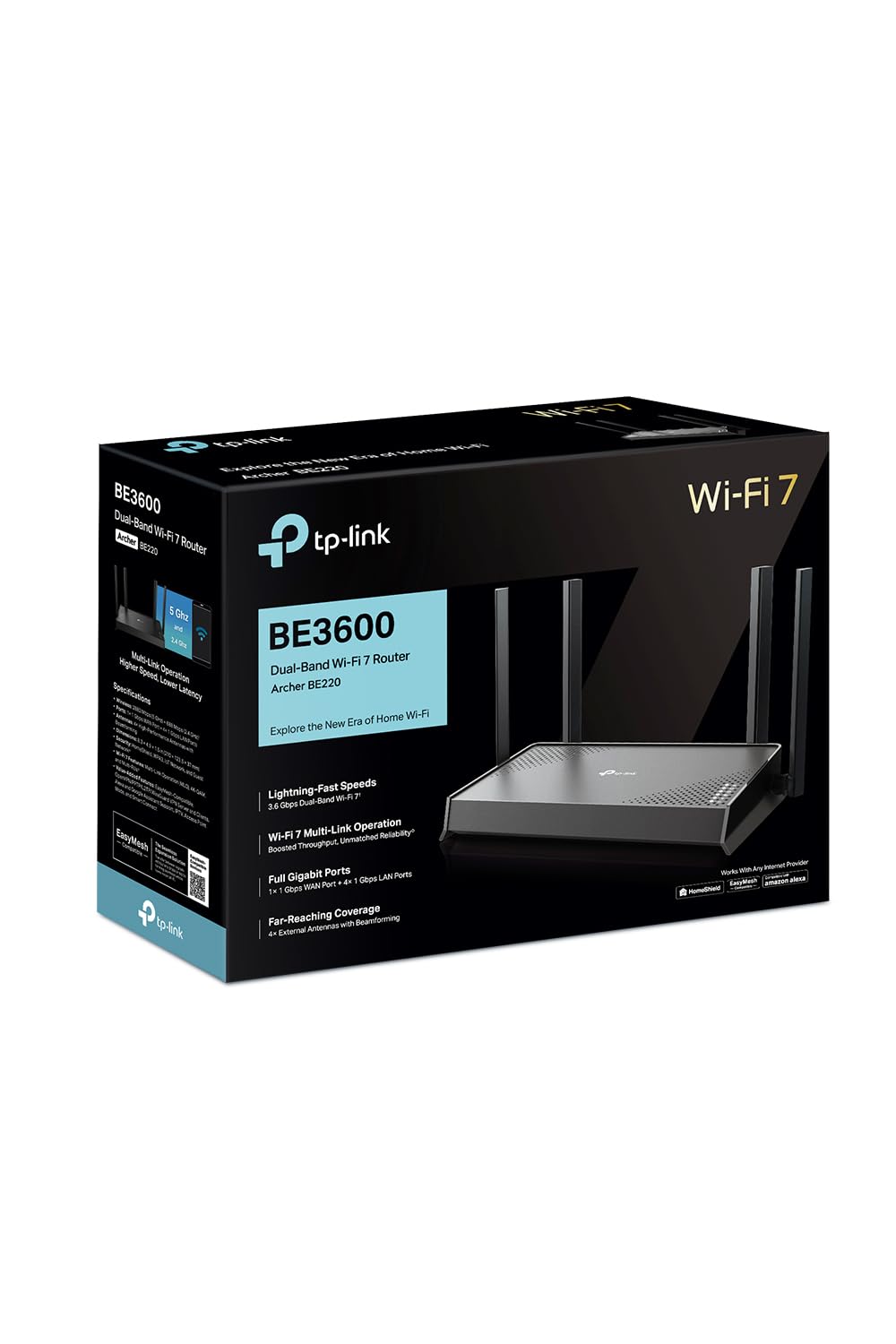 TP-Link Archer BE220 WiFi 7 Router BE3600Mbps bi-Band 3.6 GB/s 5 Ports Gigabit 4 Antennes EasyMesh WPA3
