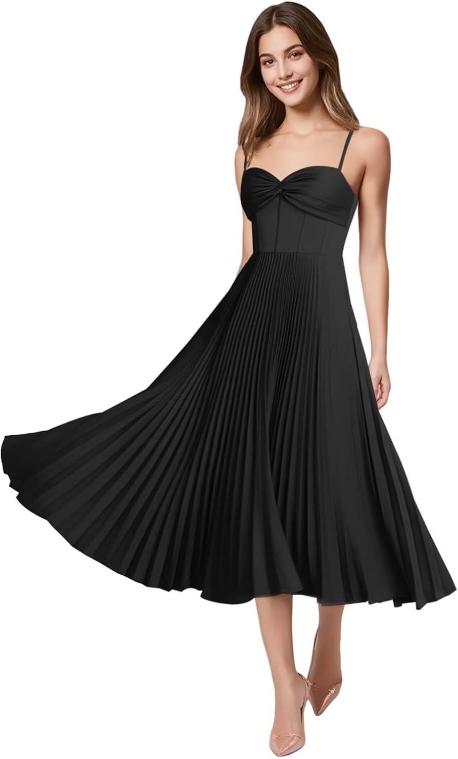 Aoruisen Spaghetti Straps Bridesmaid Dresses for Women Satin Tea Length Pleated Formal Midi Dress