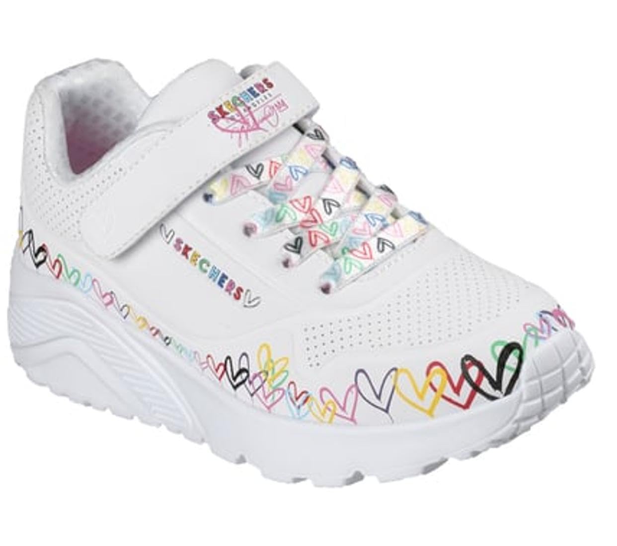 Skechers Fille Uno Lite Heart Craze, White Synthetic Multi Trim, 29 EU