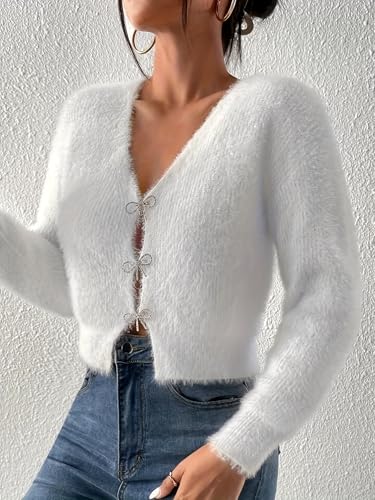 Womens Cute Rhinestone Bow Cardigan Sexy V Neck Long Sleeve Fuzzy Sweater Casual Open Front Knit Crop Top4