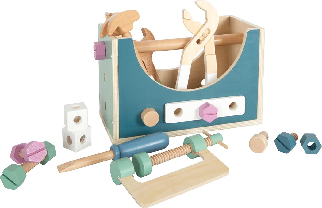 Small Foot 12213 2-in-1 Toolbox Nordic, with wooden tools for kids role-play toy for children aged 3+ years