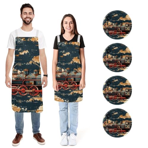 Tablier de cuisine doux réglable style moteur à vapeur rétro avec 2 grandes poches