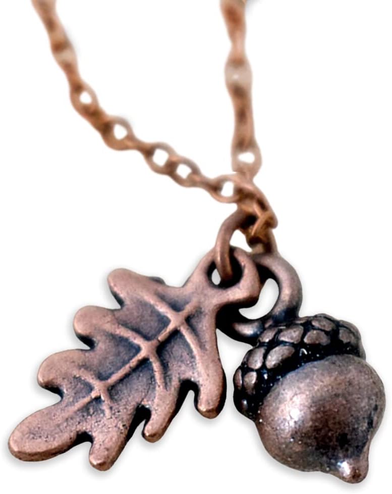 Tiny Copper Acorn Necklace - Cute Fall Acorn and Oak Leaf Charm Necklace