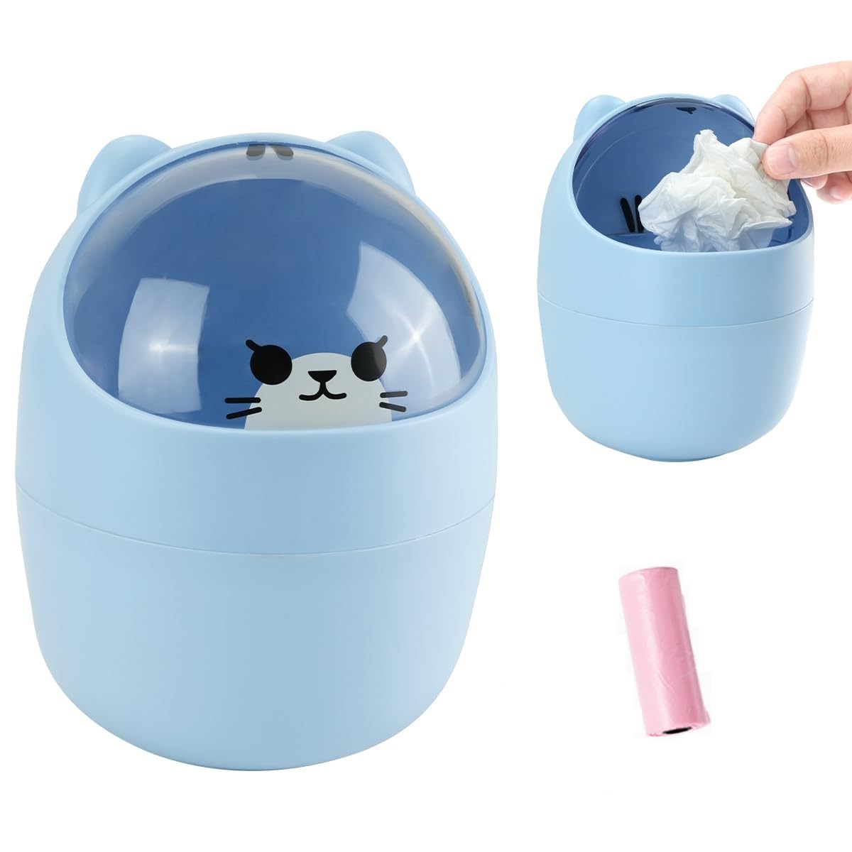 Mini Trash Can with Lid Removable Small Garbage Can, Tiny Plastic Trash Bin, Counter Garbage Lint Bin for Bathroom,Office,Kitchen,Desk,Coffee TableTrash can with trash bag（blue）