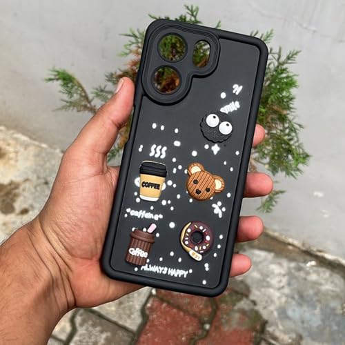 Image of Outlouders Back Cover for Oppo A5x 5G | 3D Cartoon Bear Cute Fun Silicone Full Body Protection Bumper Case (Black)