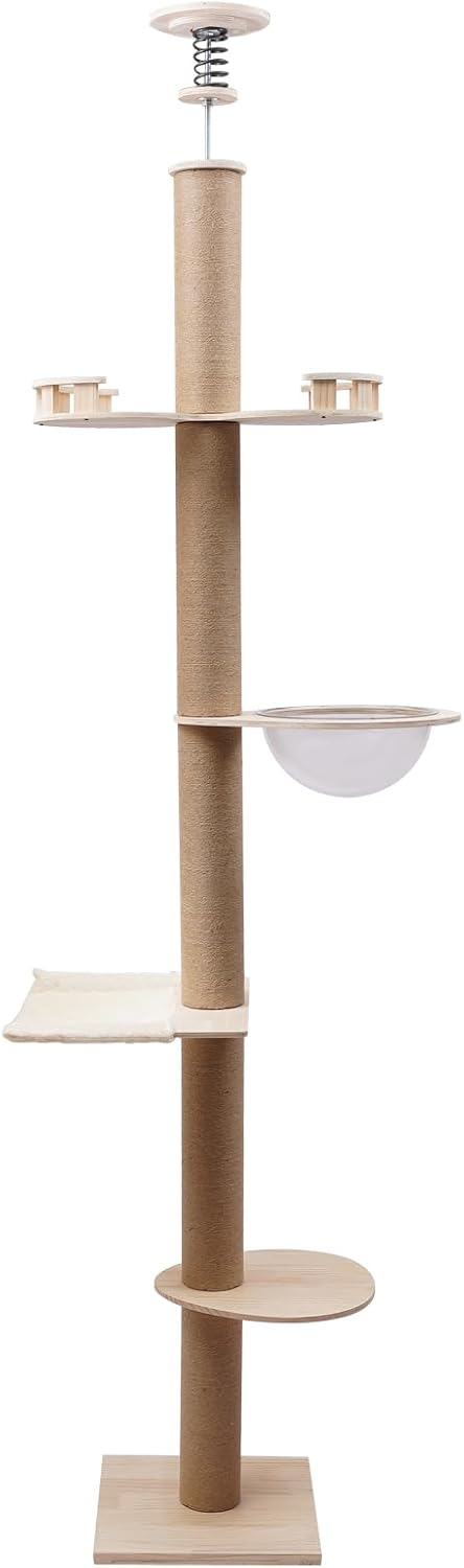 Cat Tree, Wooden Floor-to-Ceiling Cat Tree Tower w/Cat Climbing Frame, Large Enclosure, Space Capsule, U-Shaped Hammock, Jumping Board, Adjustable Height 100.4-104.3IN