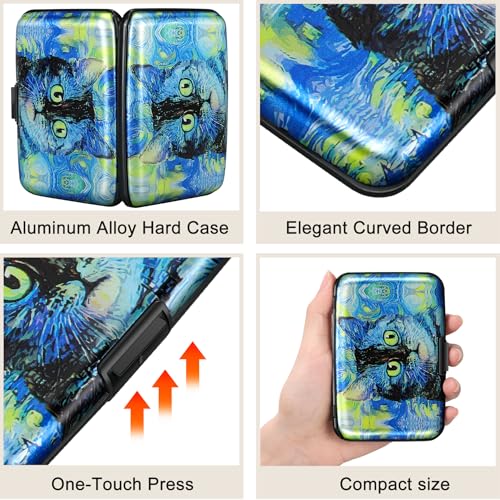 Image of ELFISH Mini RFID Aluminum Wallet Credit Cards Holder Business Card Case Metal ID Case for Men Women(Blue Cat)