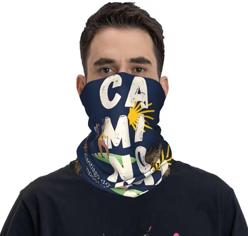 Way of Saint James Camino de Santiago Multifunctional Scarf Blue Tubular Scarf with Cathedral and Pilgrim Motif Seamless 50 cm