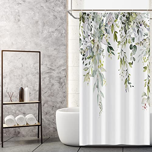 MIRRORANG Sage Green Eucalyptus Stall Shower Curtain,Watercolor Leaf Plant with Floral Bathroom Curtains with Hooks,Waterproof Mildew and Mould Resistant Polyester (90 x 183 cm)