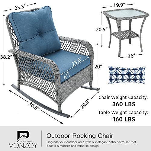 Patio Furniture Set 3 Pieces, Wicker Rocking Bistro Set with Thick Cushions, Outdoor Rocker Chairs and Coffee Table for Porch, Backyard or Garden (Blue) - Image 4