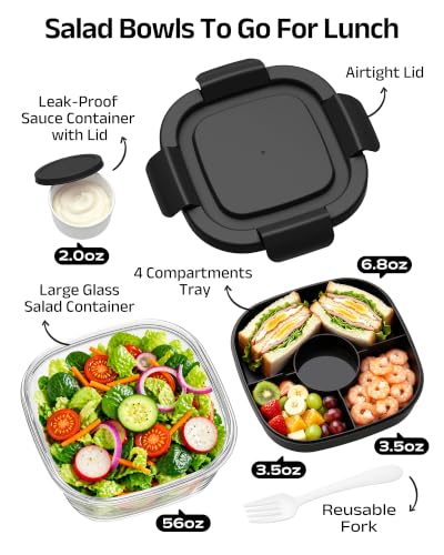 Image of Glass Salad Container,56oz Salad Bowl To Go for Lunch with Airtight Lid,Leak-Proof Sauce Container,4-Compartment Bento Tray & Reusable Fork - BPA-Free Glass Lunch Box for Meal Prep,Office(Black)