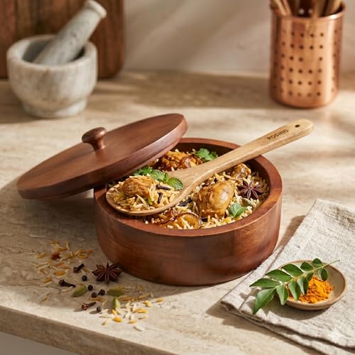 Image of POSHIO Wooden Casserole Hotpot Box with 1 Ladle, Breads Storage & Serving Box | Mango Wood Container | Non-Toxic Polished Serveware- Natural Wood Finish (1, Brown, 9x9x4in, Style 3)