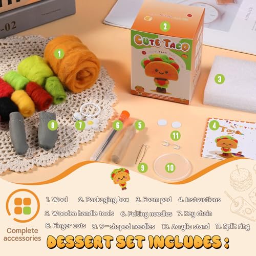 Image of Yizzvb Needle Felting Kit, 15 Pcs Succulent Felting Kit Cute Taco Felting Kit for Beginners Adult Including Instruction Wool Roving Foam Pad Needles DIY Craft Home Decoration Craft Party Supplies