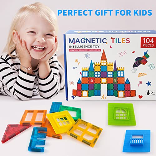 Gentle Monster Magnetic Tiles Building Blocks, 104Pcs Magnet Blocks 3D Construction Toys For Kids Toddlers, Educational Stem Toys For Boys And Girls With 2 Cars #TOP5