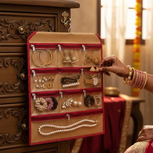 Image of Wall Hanging Jewellery Organizer with 9 Transparent Zipper Pouches