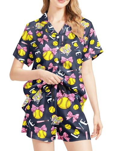 Image of Women's Pajama Sets Funny Pajamas for Women Set Comfortable 2 Piece Button Down Tops & Shorts Sleepwear Short Sleeve